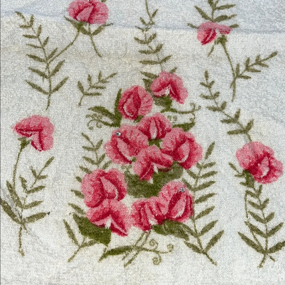 2 Vtg Royal Terry Of California Hand Towels Pink Roses & Rhinestones MCM Floral